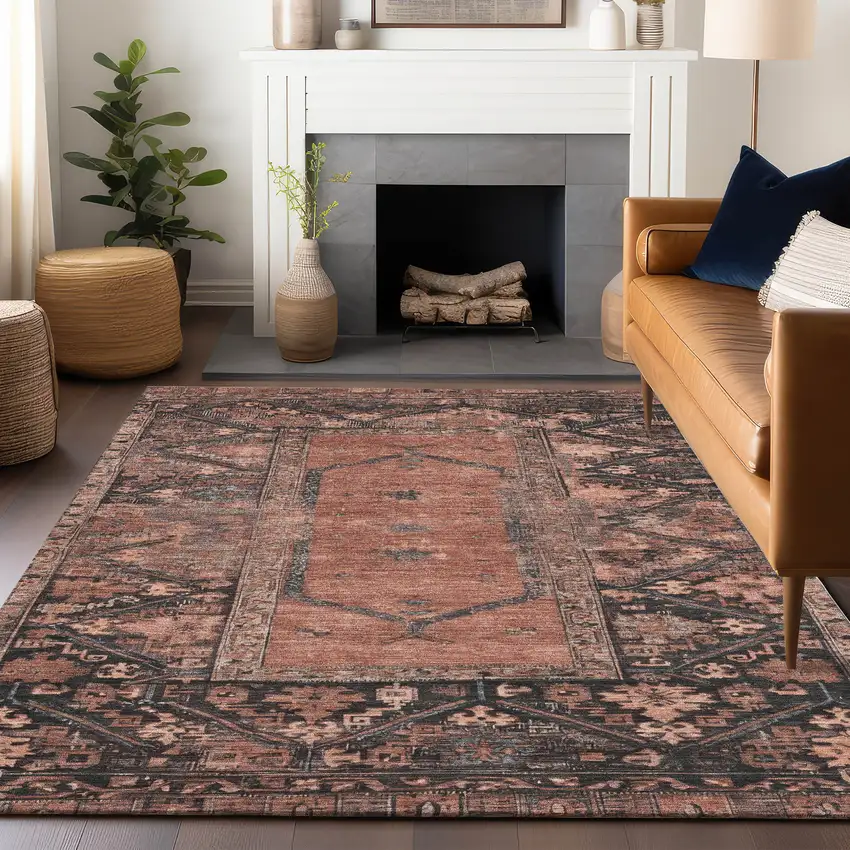 Terra Cotta And Gray Oriental Washable Indoor Outdoor Area Rug Photo 8
