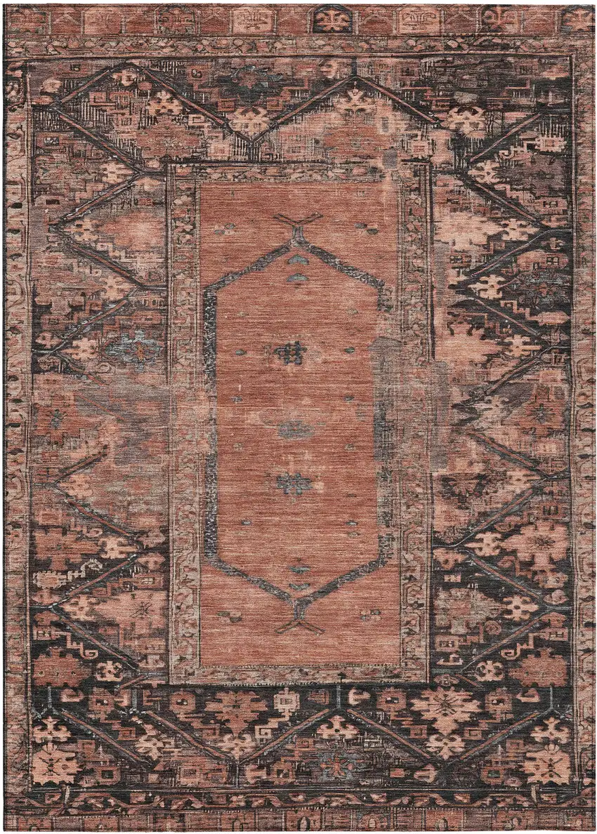 Terra Cotta And Gray Oriental Washable Indoor Outdoor Area Rug Photo 1