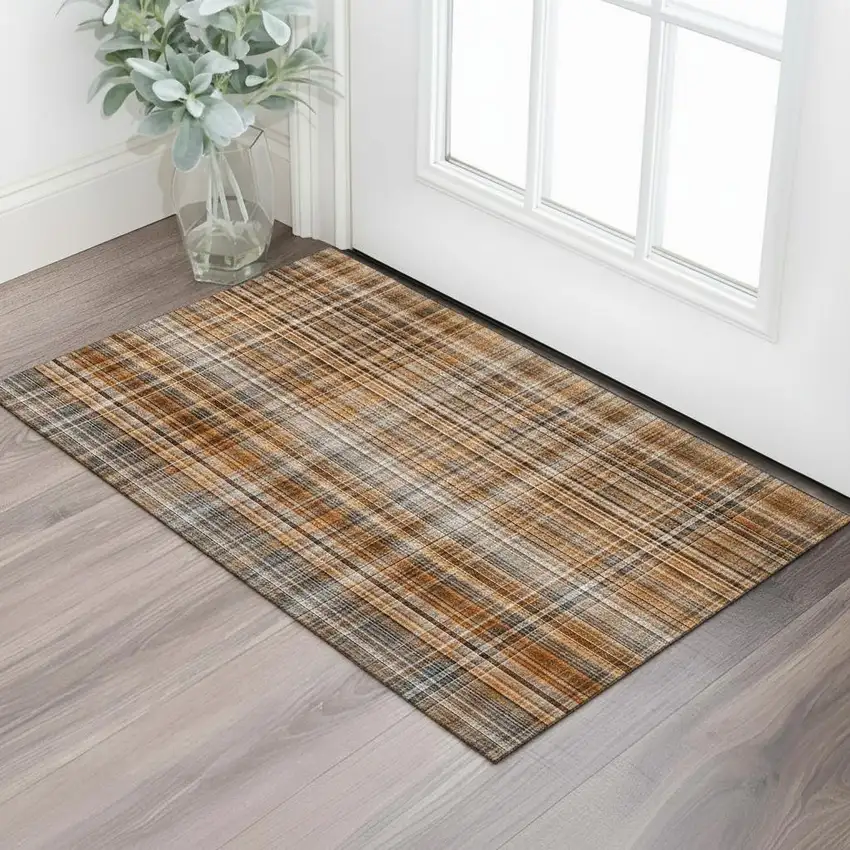 Terra Cotta And Gray Plaid Washable Area Rug With UV Protection Photo 1