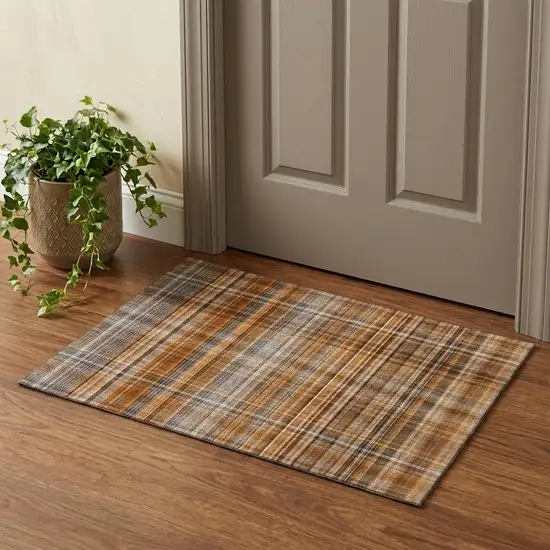 Terra Cotta And Gray Plaid Washable Area Rug With UV Protection Photo 1