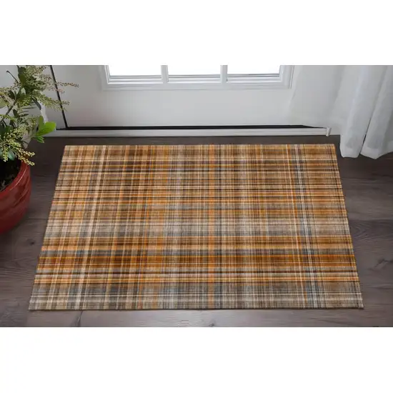 Terra Cotta And Gray Plaid Washable Area Rug With UV Protection Photo 2