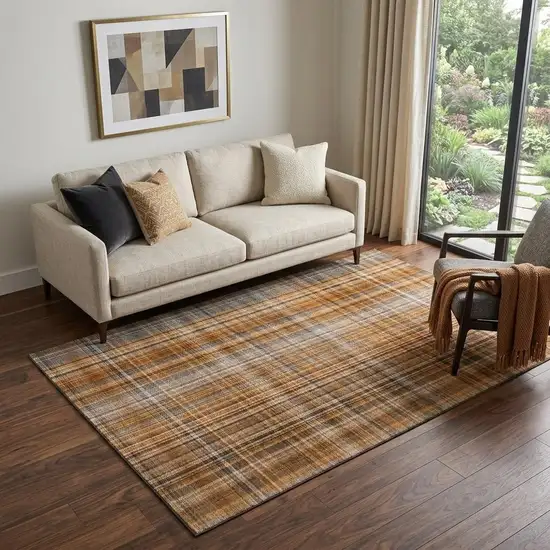 Terra Cotta And Gray Plaid Washable Area Rug With UV Protection Photo 1