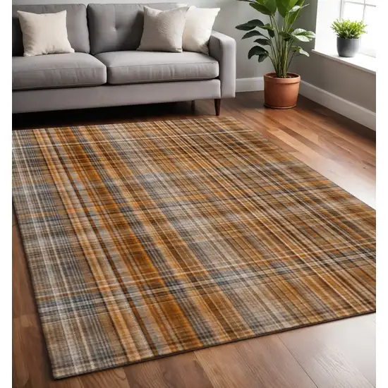 Terra Cotta And Gray Plaid Washable Area Rug With UV Protection Photo 2