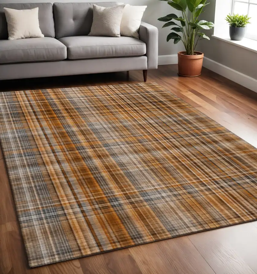 Terra Cotta And Gray Plaid Washable Area Rug With UV Protection Photo 2