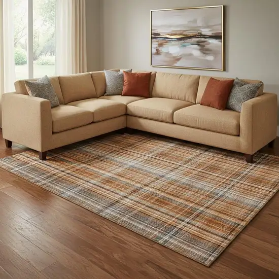 Terra Cotta And Gray Plaid Washable Area Rug With UV Protection Photo 1