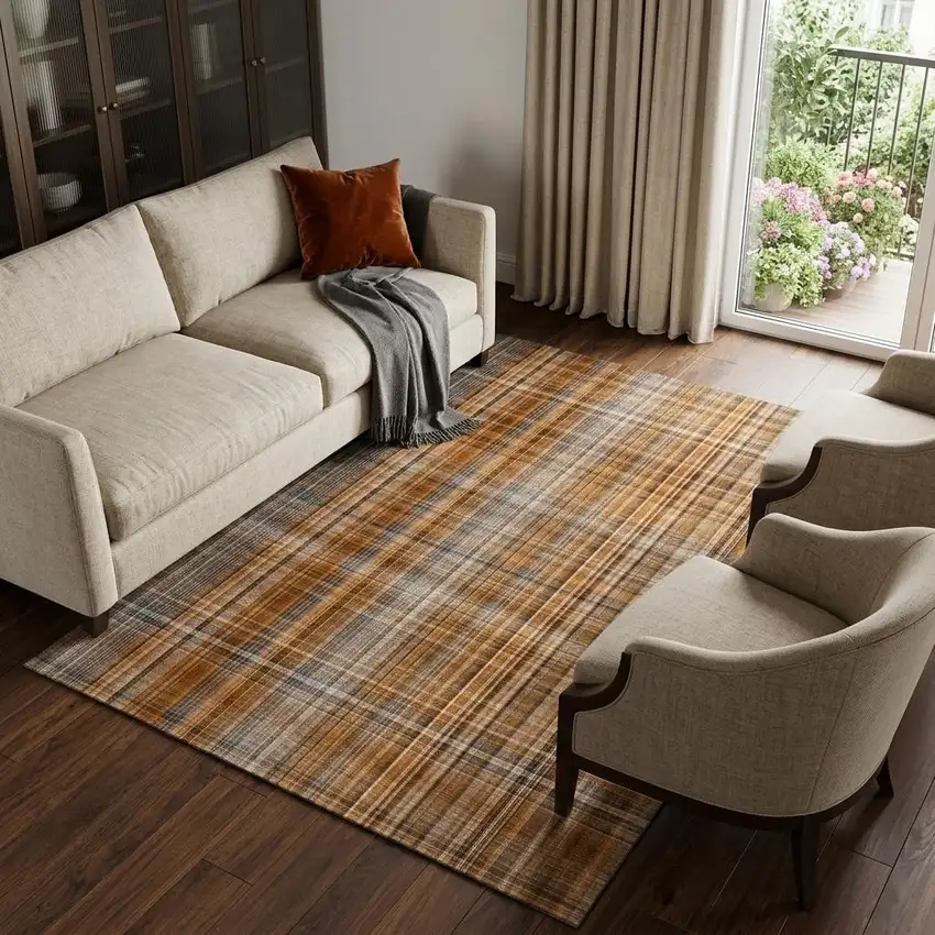 Terra Cotta And Gray Plaid Washable Area Rug With UV Protection Photo 1