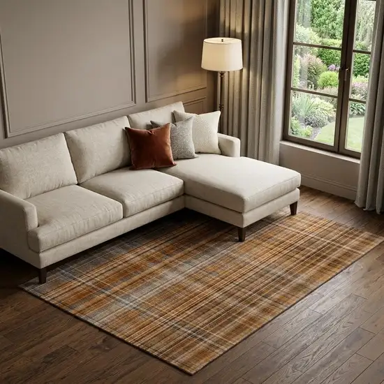 Terra Cotta And Gray Plaid Washable Area Rug With UV Protection Photo 1