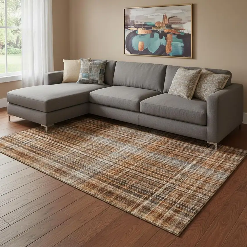 Terra Cotta And Gray Plaid Washable Area Rug With UV Protection Photo 1