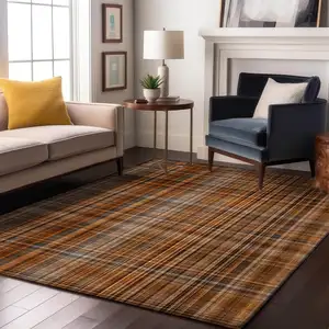 Photo of Terra Cotta And Gray Plaid Washable Area Rug With UV Protection