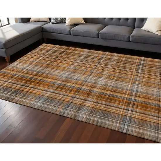 Terra Cotta And Gray Plaid Washable Area Rug With UV Protection Photo 2