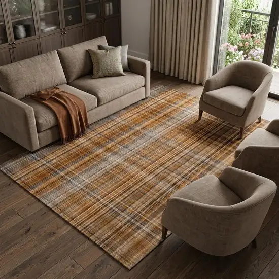 Terra Cotta And Gray Plaid Washable Area Rug With UV Protection Photo 1