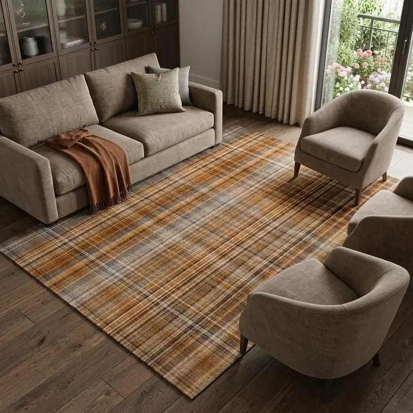 Terra Cotta And Gray Plaid Washable Area Rug With UV Protection Photo 1