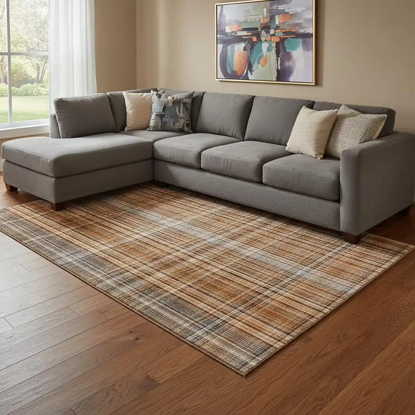 Terra Cotta And Gray Plaid Washable Area Rug With UV Protection Photo 1