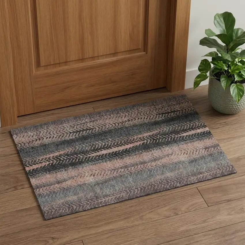 Terra Cotta And Gray Striped Washable Area Rug With UV Protection Photo 1