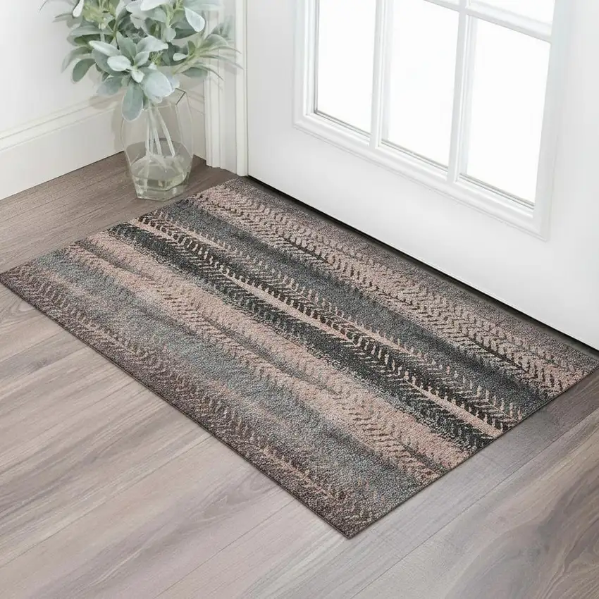 Terra Cotta And Gray Striped Washable Area Rug With UV Protection Photo 1