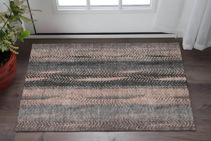 Terra Cotta And Gray Striped Washable Area Rug With UV Protection Photo 2