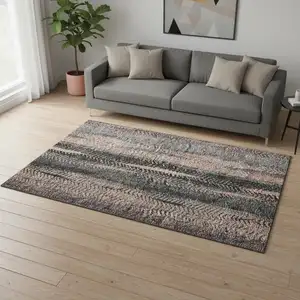 Photo of Terra Cotta And Gray Striped Washable Area Rug With UV Protection