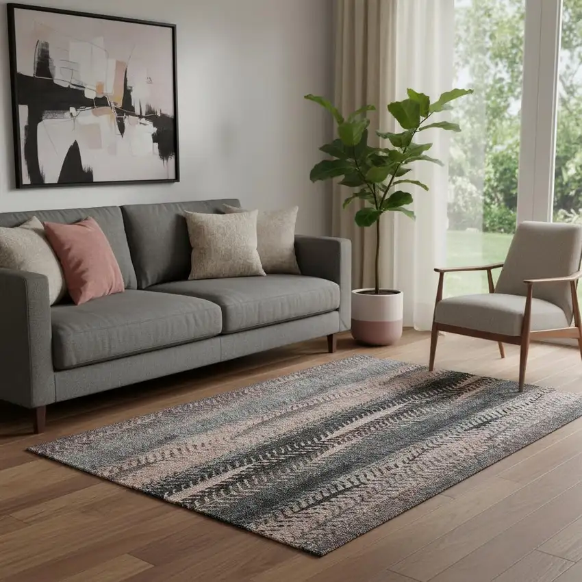 Terra Cotta And Gray Striped Washable Area Rug With UV Protection Photo 1