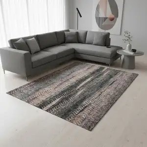 Photo of Terra Cotta And Gray Striped Washable Area Rug With UV Protection