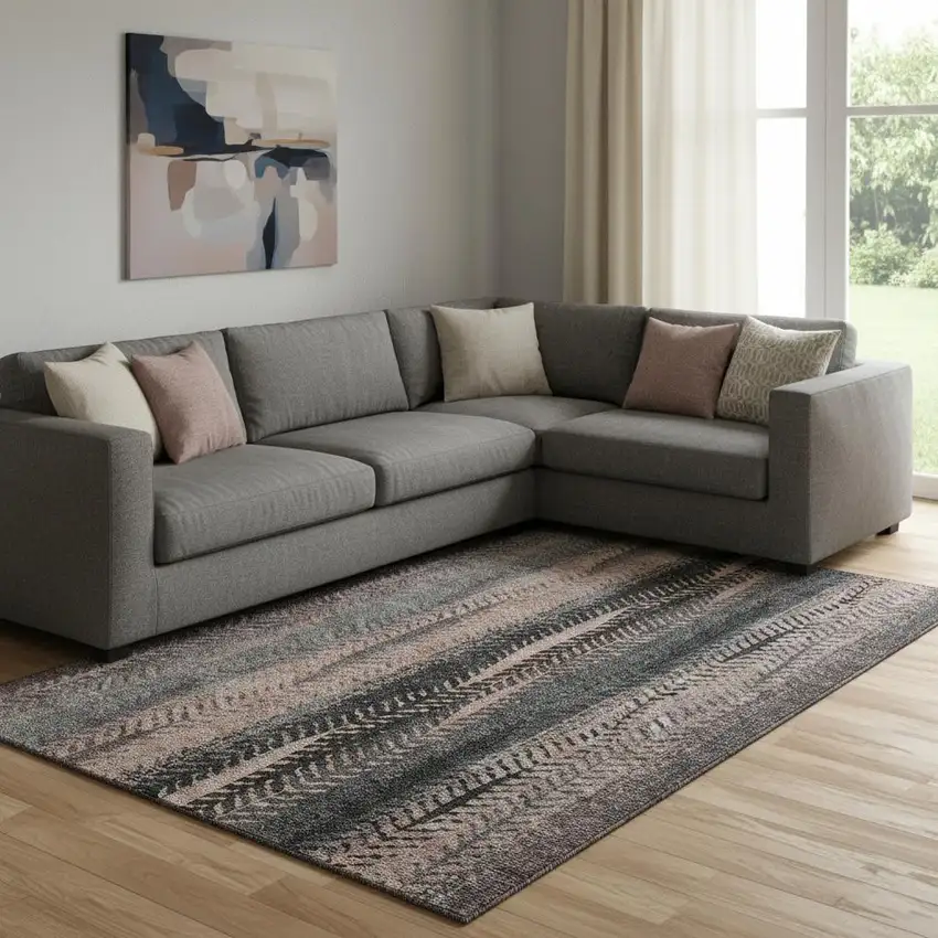 Terra Cotta And Gray Striped Washable Area Rug With UV Protection Photo 1