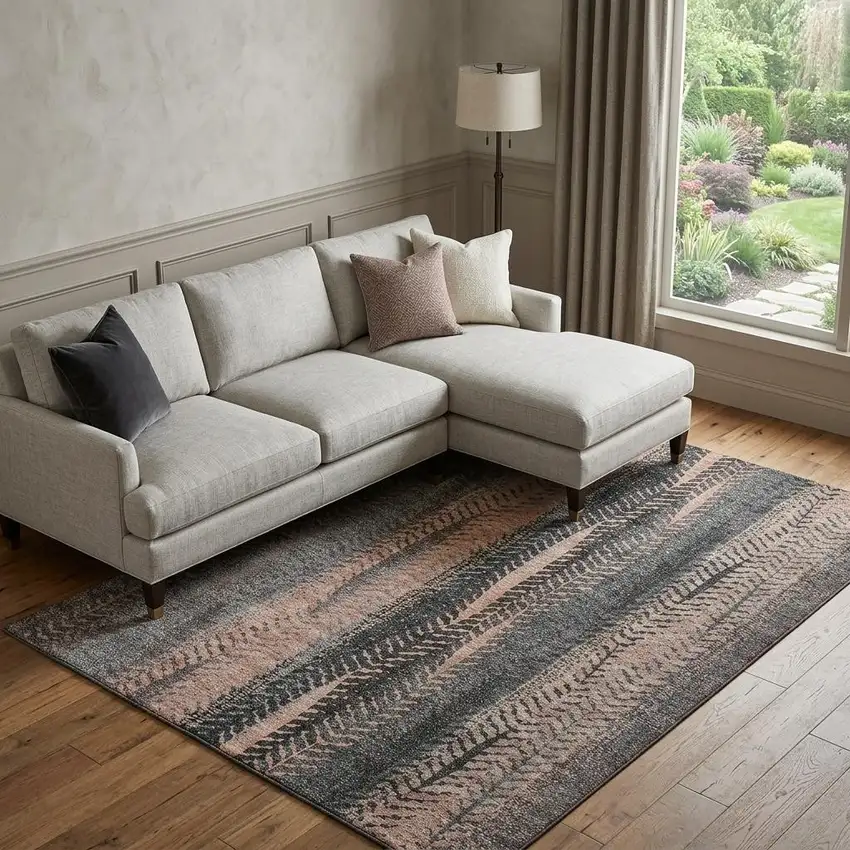 Terra Cotta And Gray Striped Washable Area Rug With UV Protection Photo 1
