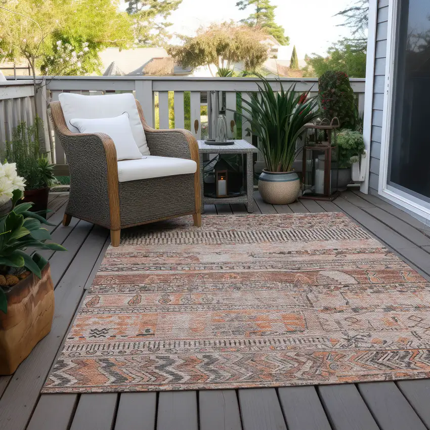 Terra Cotta And Gray Striped Washable Indoor Outdoor Area Rug Photo 8