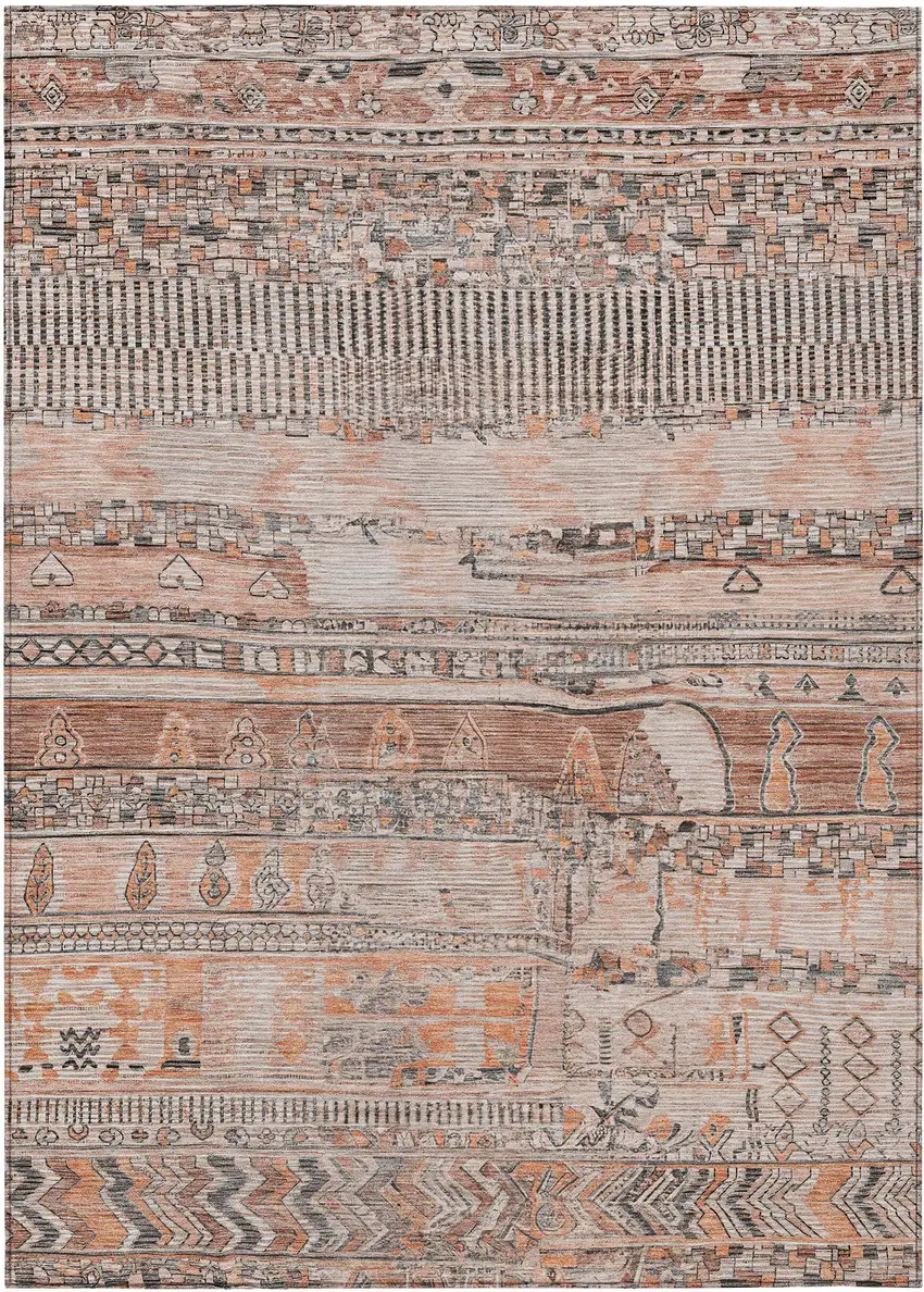 Terra Cotta And Gray Striped Washable Indoor Outdoor Area Rug Photo 1