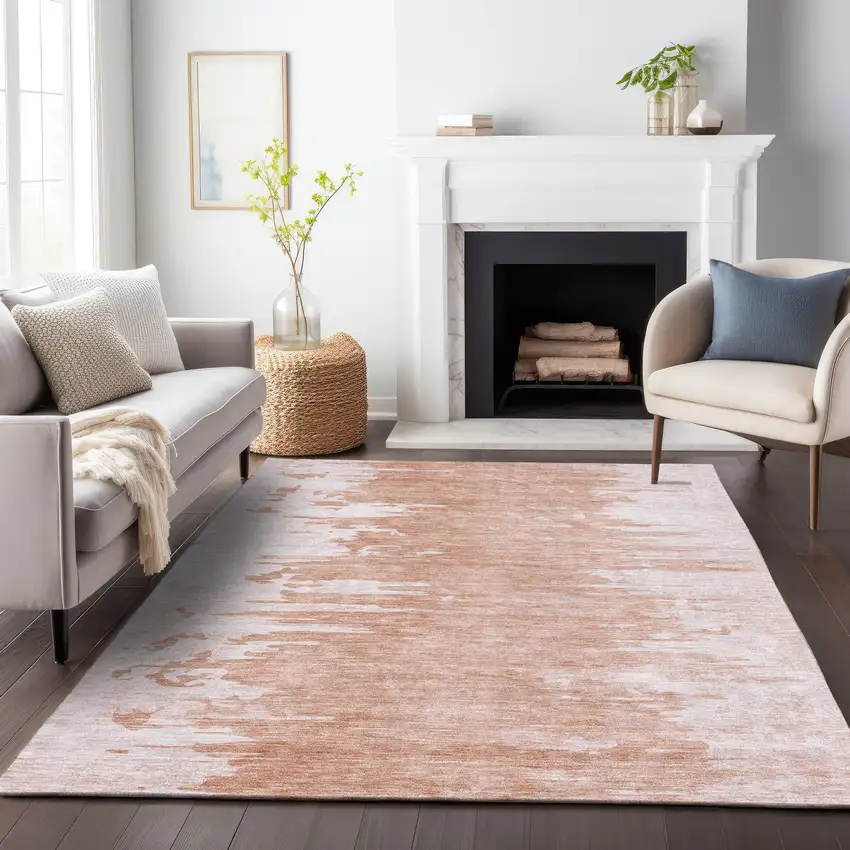 Terra Cotta And Ivory Abstract Washable Area Rug With UV Protection Photo 5