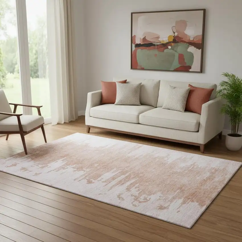 Terra Cotta And Ivory Abstract Washable Area Rug With UV Protection Photo 1