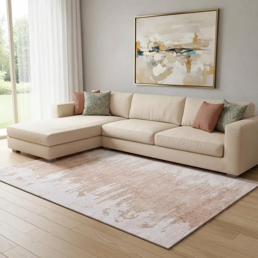 Terra Cotta And Ivory Abstract Washable Area Rug With UV Protection Photo 1