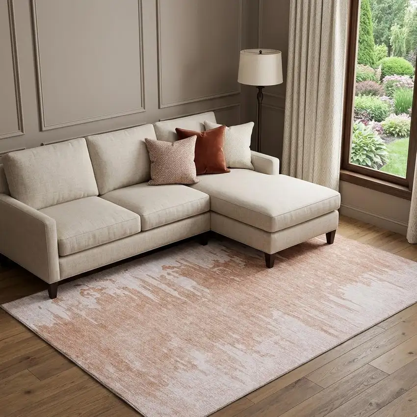 Terra Cotta And Ivory Abstract Washable Area Rug With UV Protection Photo 1