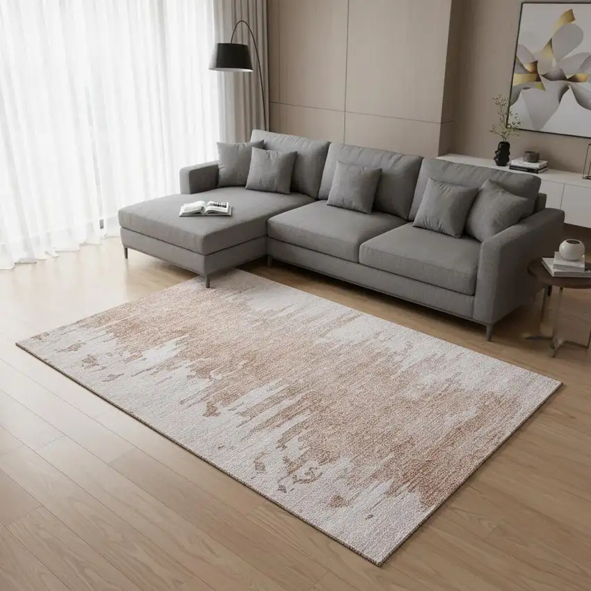 Terra Cotta And Ivory Abstract Washable Area Rug With UV Protection Photo 1