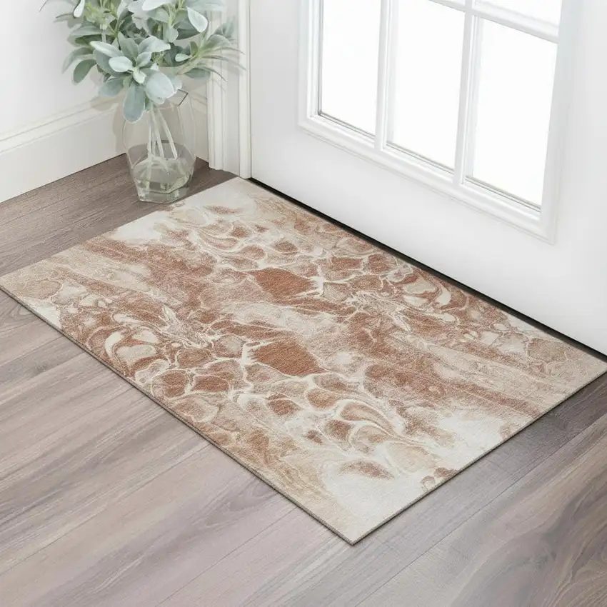 Terra Cotta And Ivory Abstract Washable Area Rug With UV Protection Photo 2