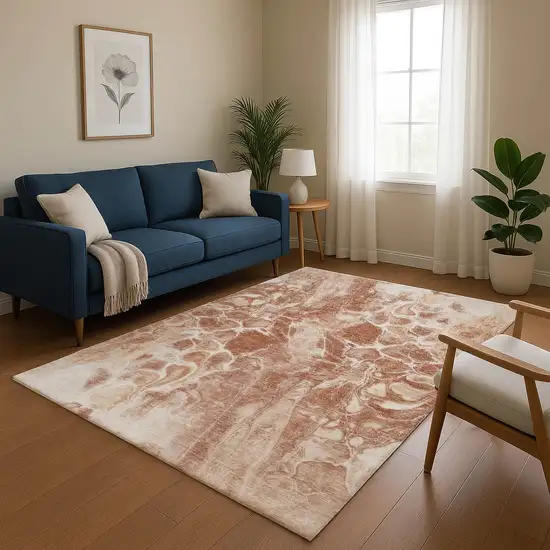 Terra Cotta And Ivory Abstract Washable Area Rug With UV Protection Photo 5