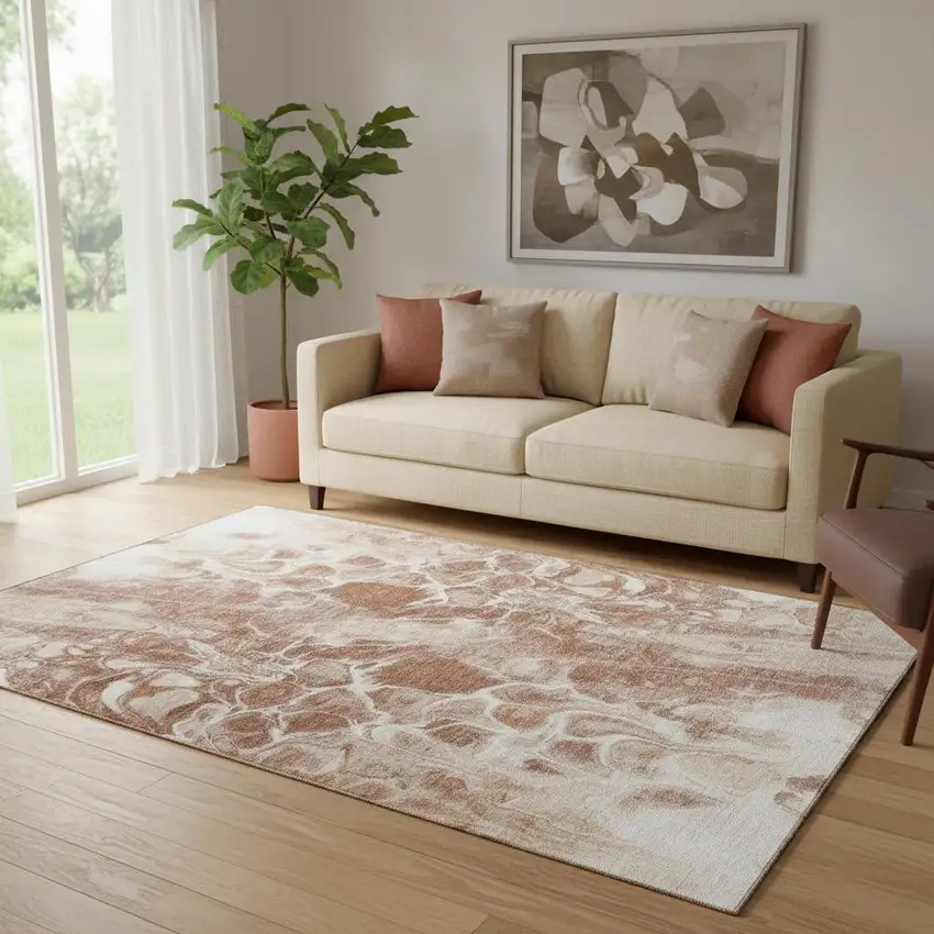 Terra Cotta And Ivory Abstract Washable Area Rug With UV Protection Photo 2