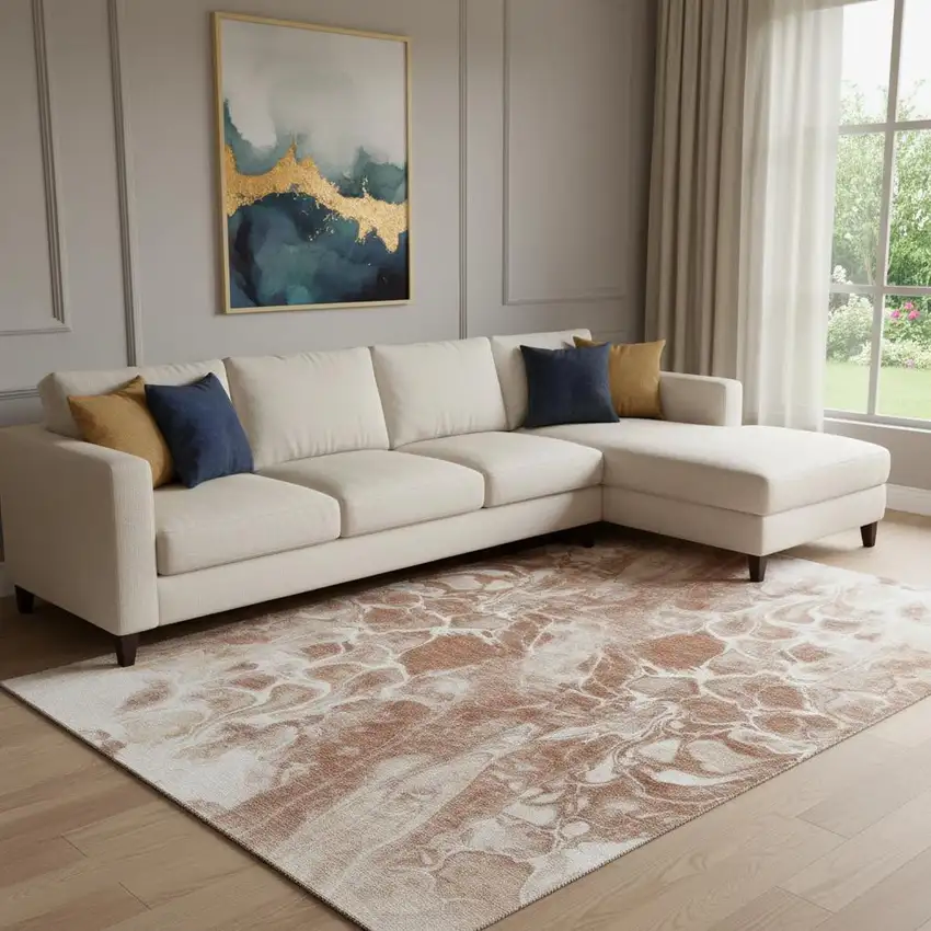 Terra Cotta And Ivory Abstract Washable Area Rug With UV Protection Photo 2