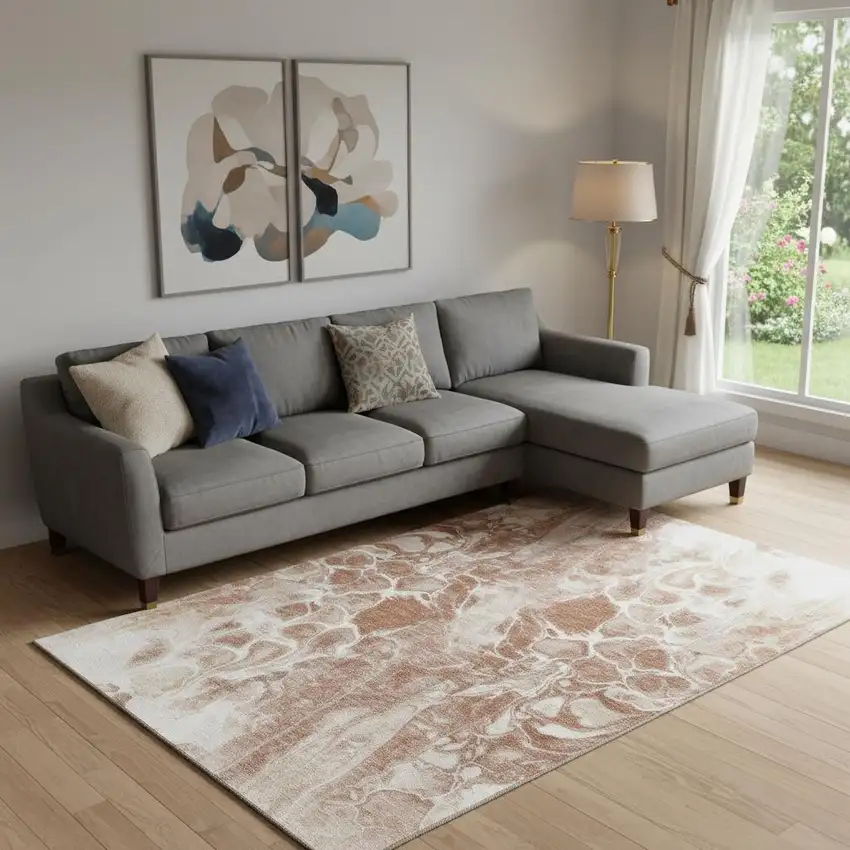 Terra Cotta And Ivory Abstract Washable Area Rug With UV Protection Photo 2