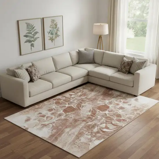 Terra Cotta And Ivory Abstract Washable Area Rug With UV Protection Photo 2
