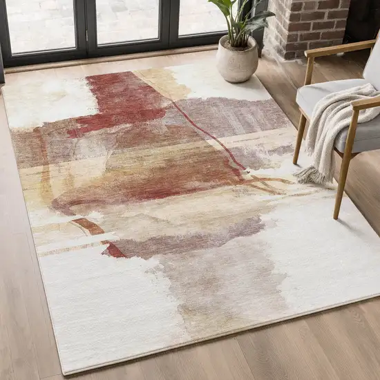 Terra Cotta And Ivory Abstract Washable Area Rug With UV Protection Photo 1