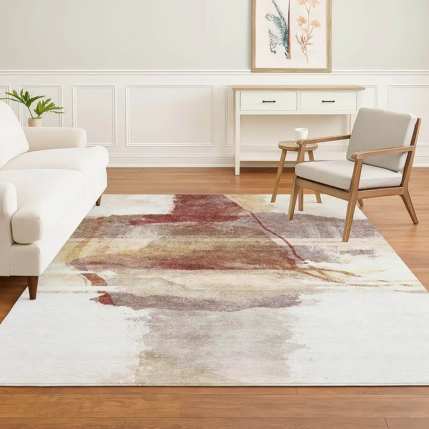 Terra Cotta And Ivory Abstract Washable Area Rug With UV Protection Photo 2
