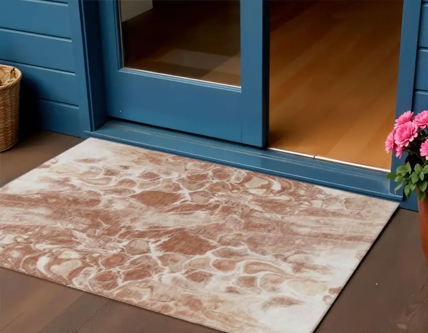 Terra Cotta And Ivory Abstract Washable Indoor Outdoor Area Rug Photo 2