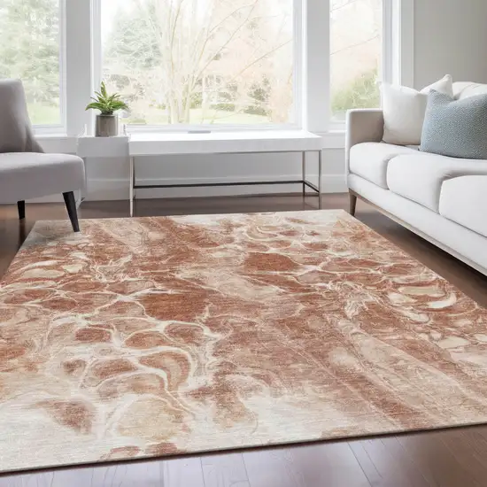 Terra Cotta And Ivory Abstract Washable Indoor Outdoor Area Rug Photo 5