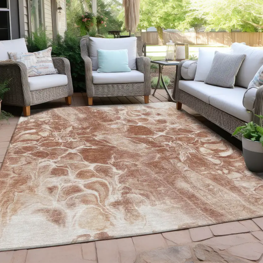 Terra Cotta And Ivory Abstract Washable Indoor Outdoor Area Rug Photo 3