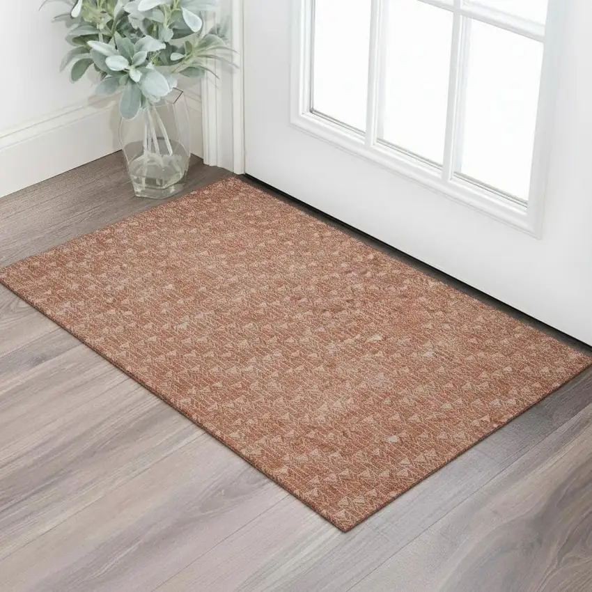 Terra Cotta And Ivory Geometric Washable Area Rug With UV Protection Photo 1