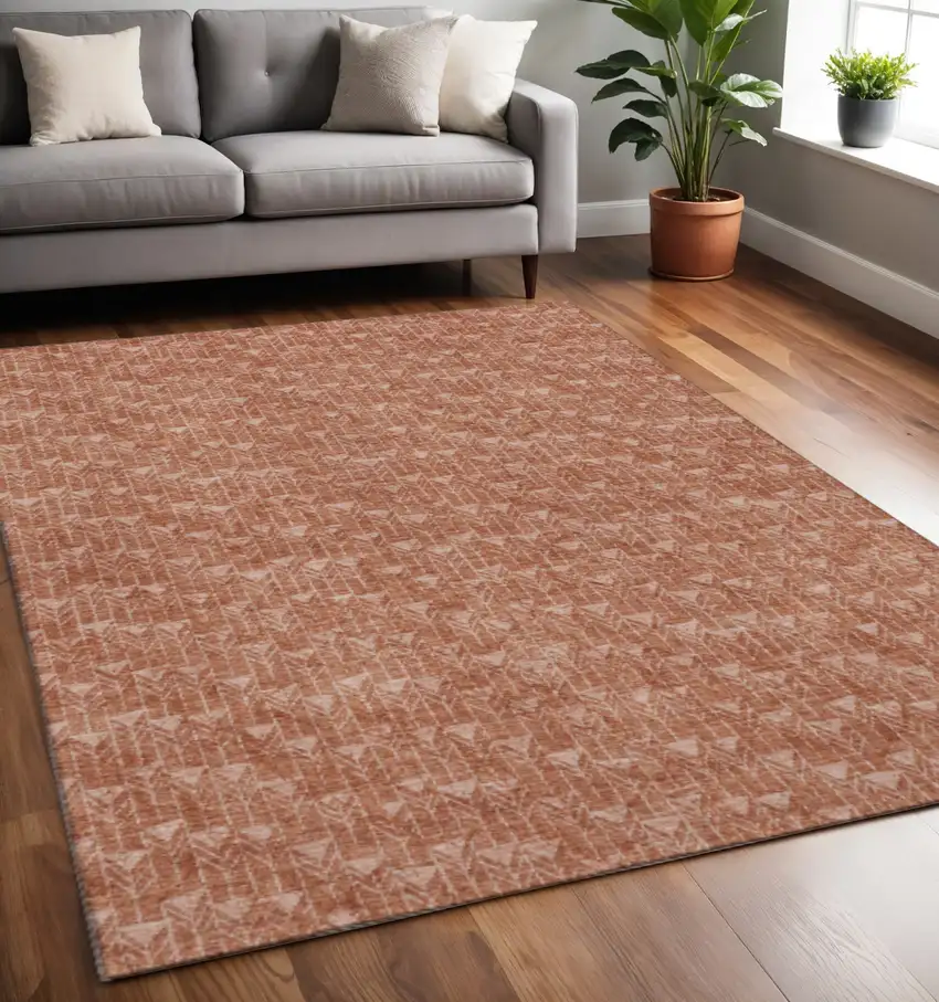Terra Cotta And Ivory Geometric Washable Area Rug With UV Protection Photo 2