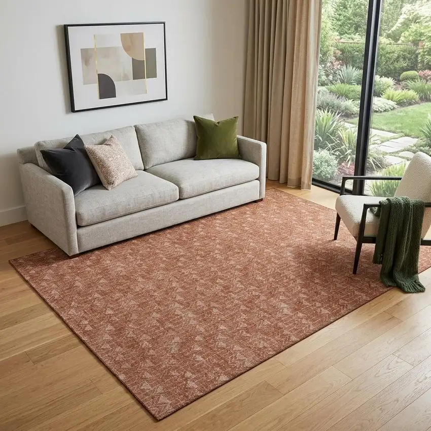 Terra Cotta And Ivory Geometric Washable Area Rug With UV Protection Photo 1