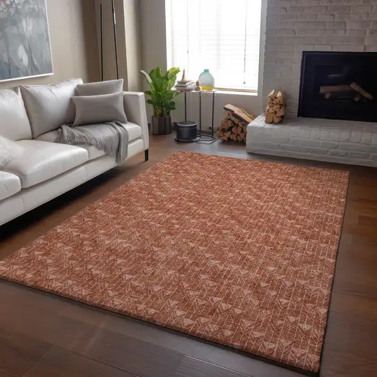 Terra Cotta And Ivory Geometric Washable Area Rug With UV Protection Photo 5