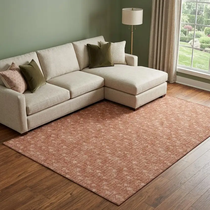 Terra Cotta And Ivory Geometric Washable Area Rug With UV Protection Photo 1