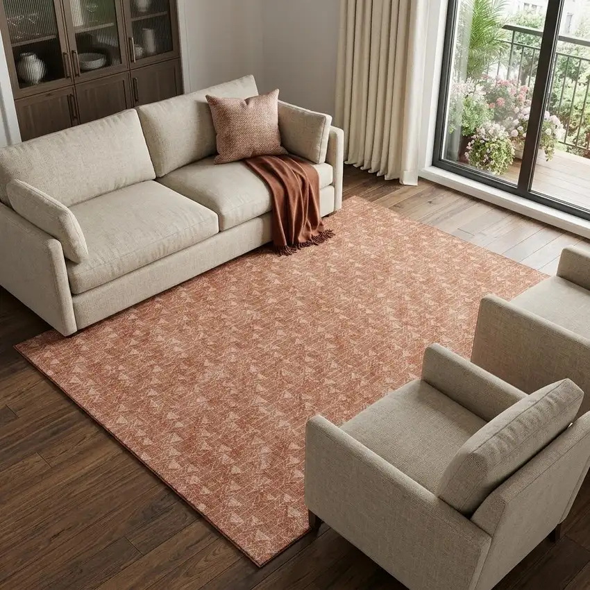 Terra Cotta And Ivory Geometric Washable Area Rug With UV Protection Photo 1