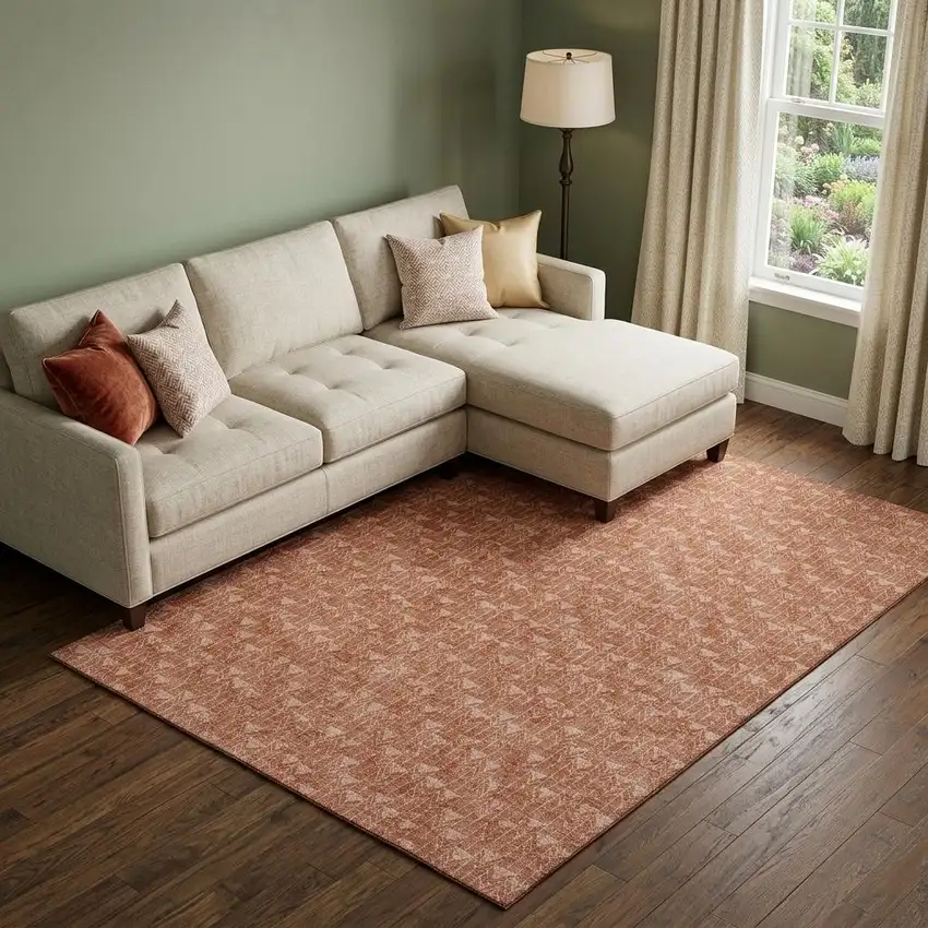 Terra Cotta And Ivory Geometric Washable Area Rug With UV Protection Photo 1